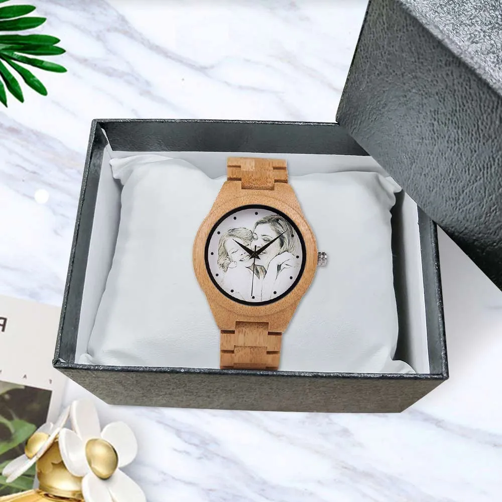 Customized Wood & Leather Watches Personalized Photo Quartz Watches