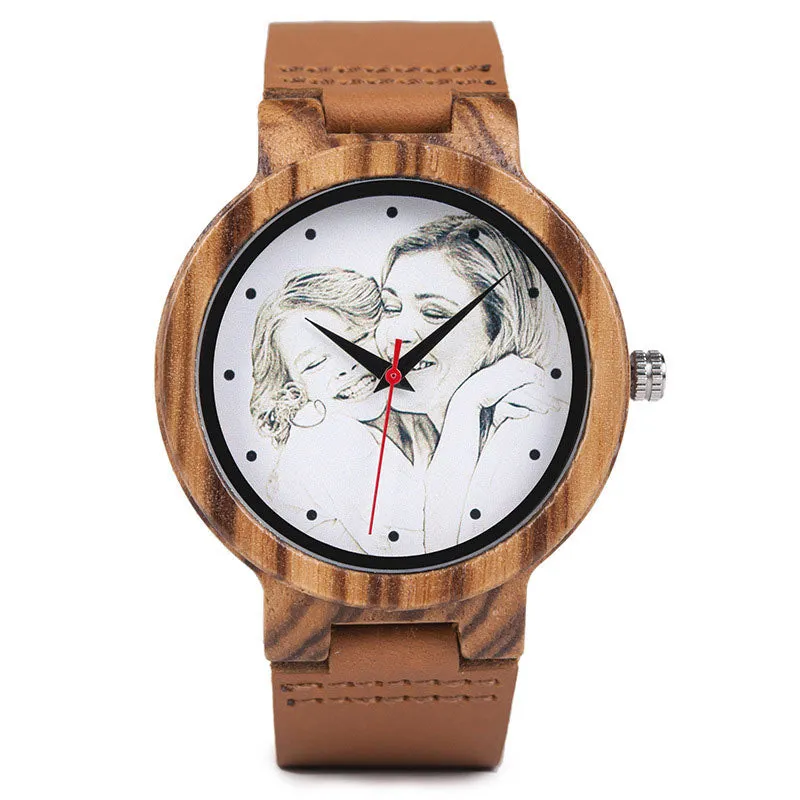 Customized Wood & Leather Watches Personalized Photo Quartz Watches