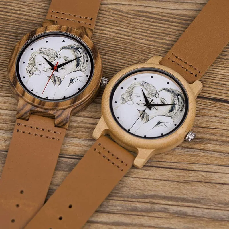 Customized Wood & Leather Watches Personalized Photo Quartz Watches