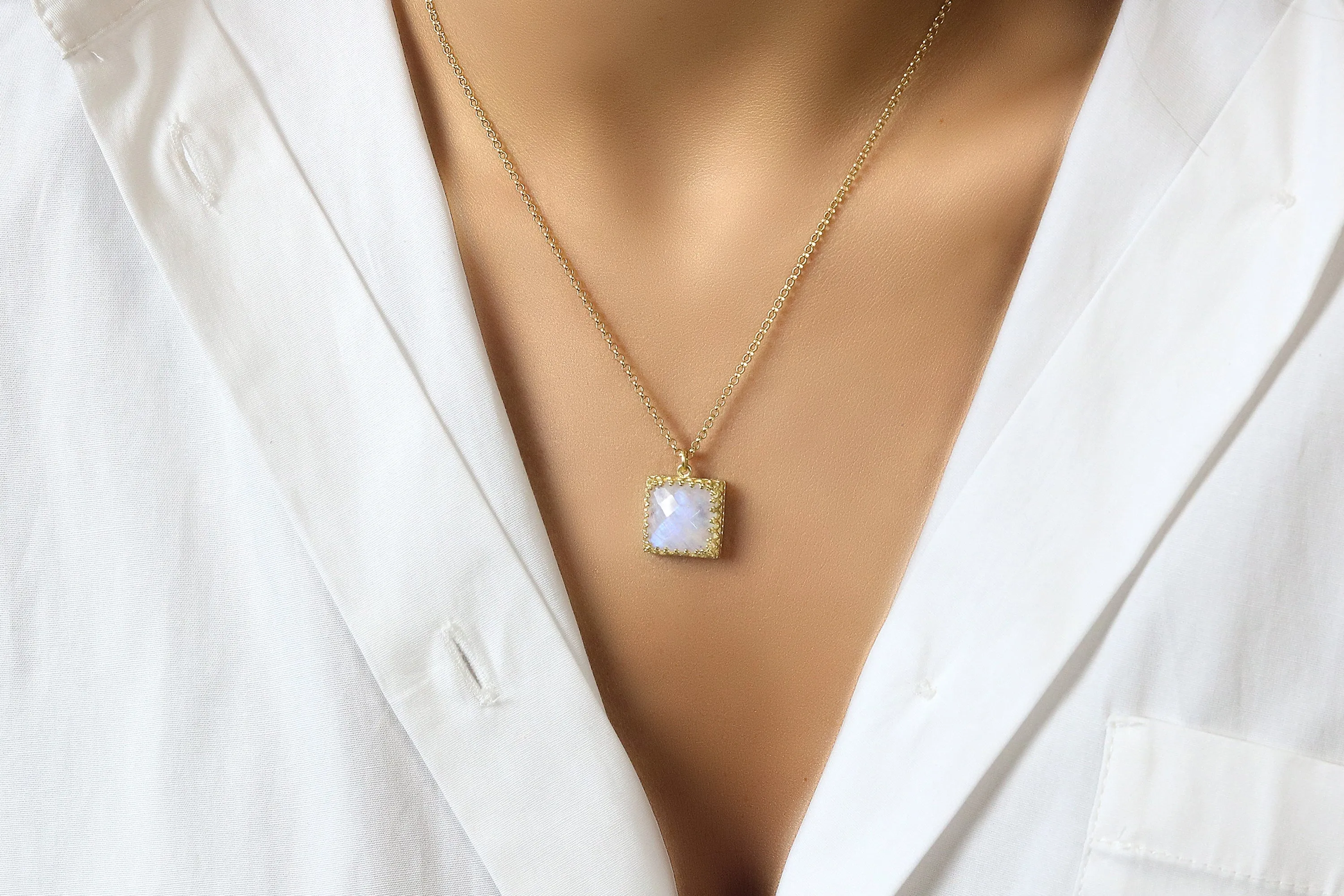 Dainty Square Moonstone Necklace