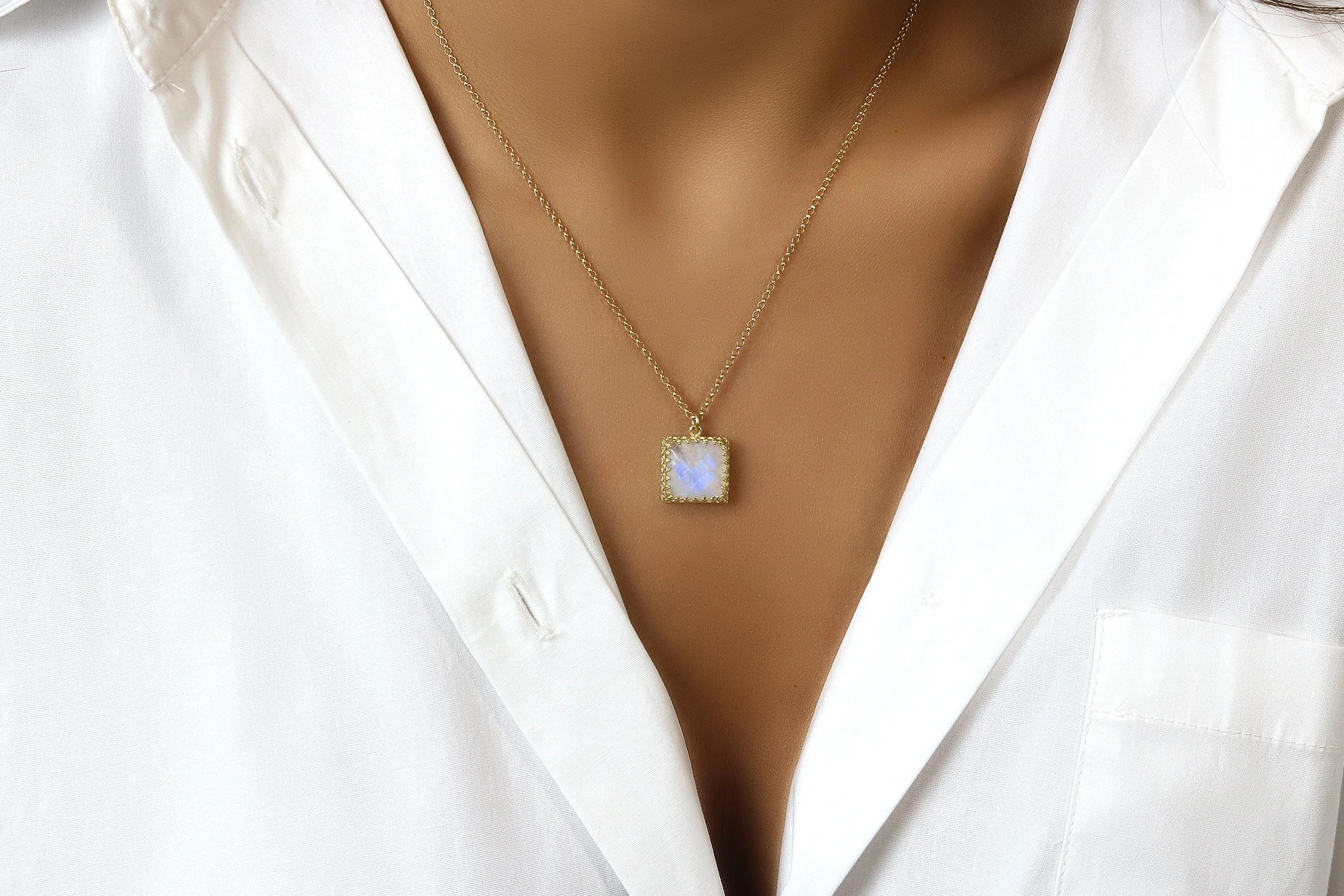 Dainty Square Moonstone Necklace