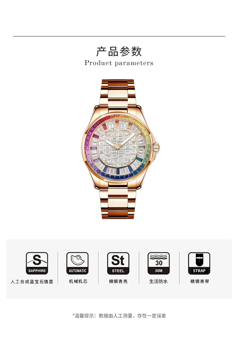 Designer-Inspired Style Mechanical Watch with Colorful Square Diamonds