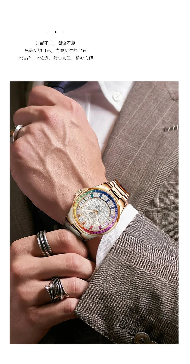 Designer-Inspired Style Mechanical Watch with Colorful Square Diamonds
