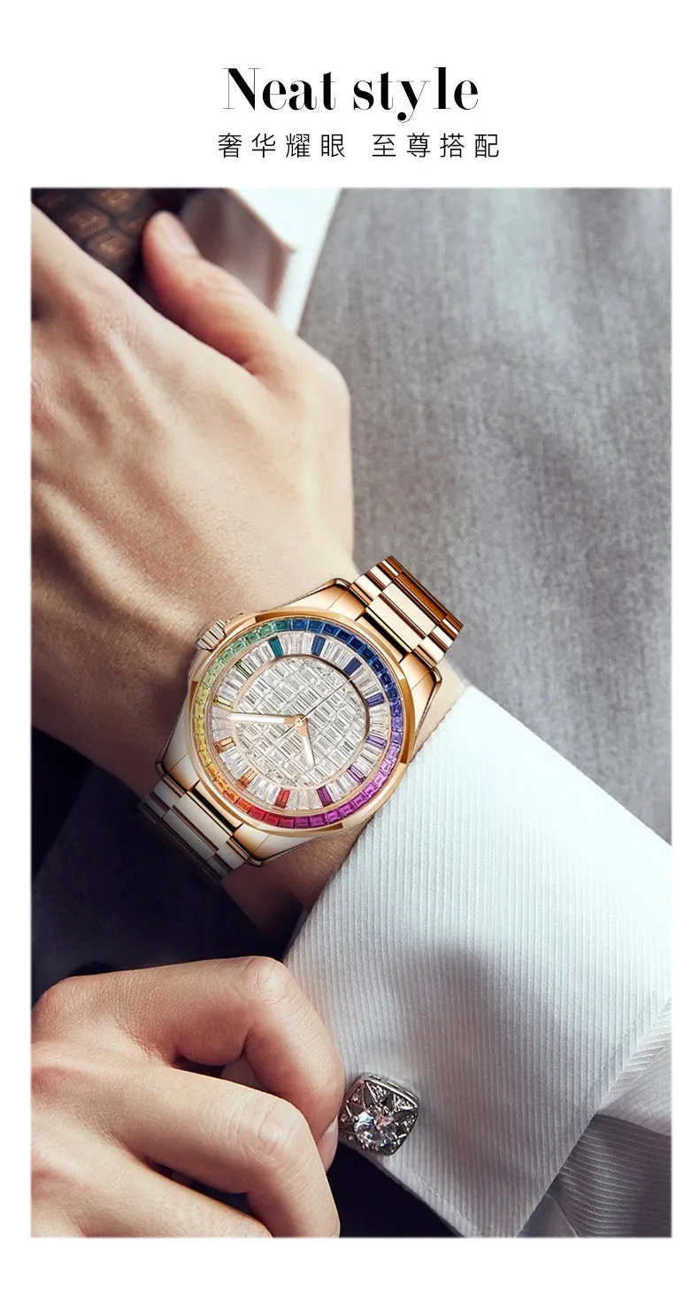 Designer-Inspired Style Mechanical Watch with Colorful Square Diamonds