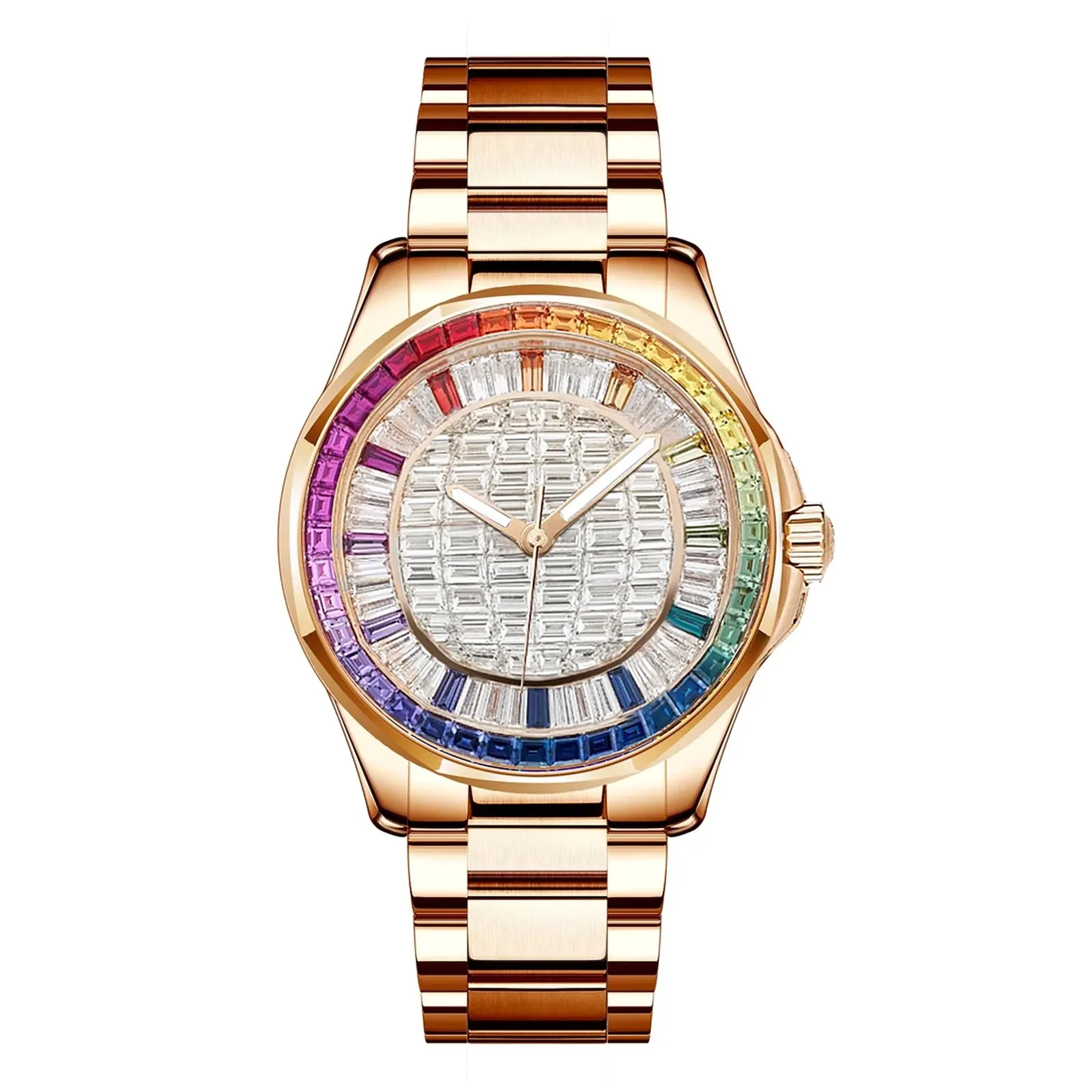 Designer-Inspired Style Mechanical Watch with Colorful Square Diamonds