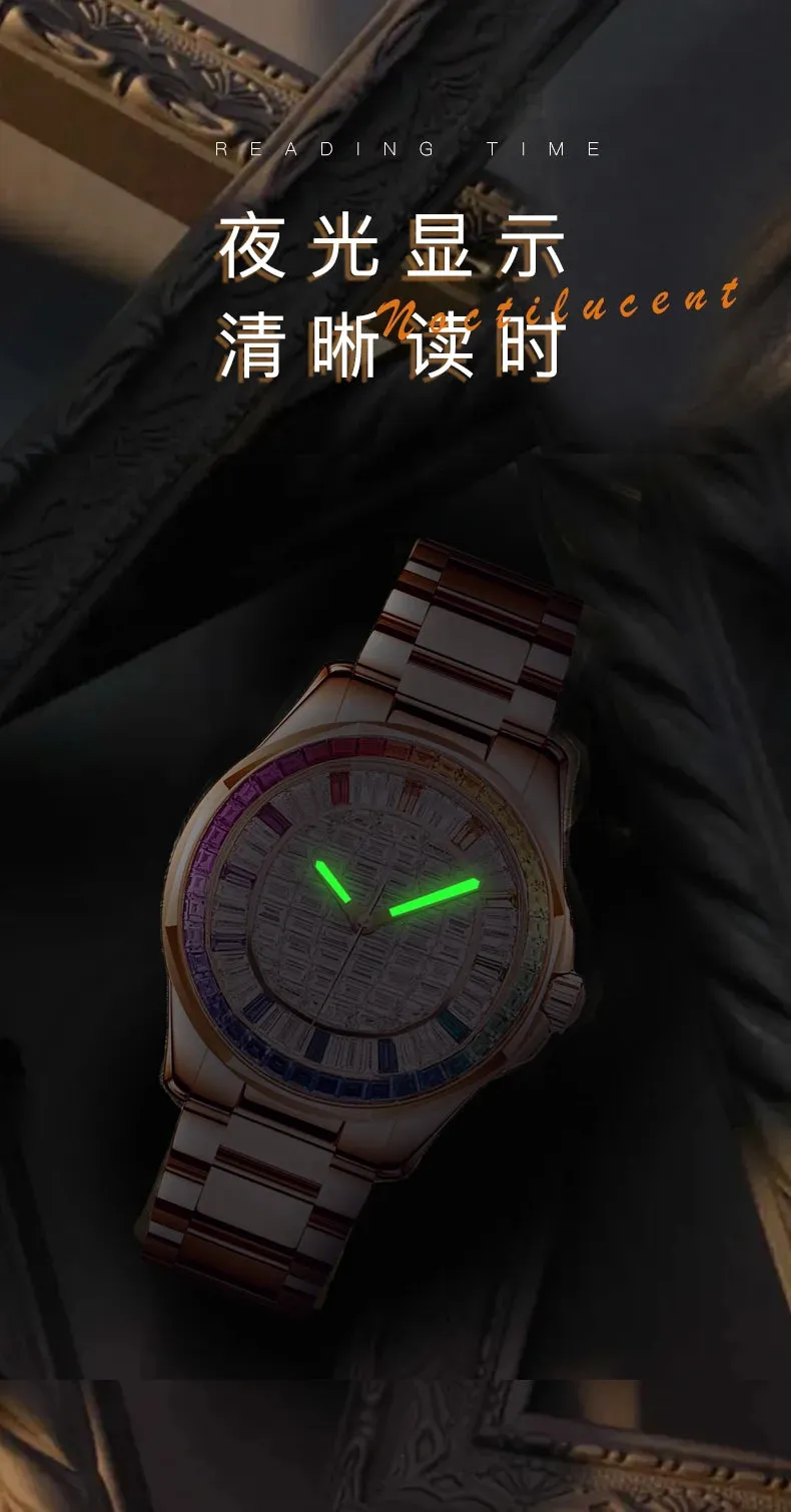 Designer-Inspired Style Mechanical Watch with Colorful Square Diamonds