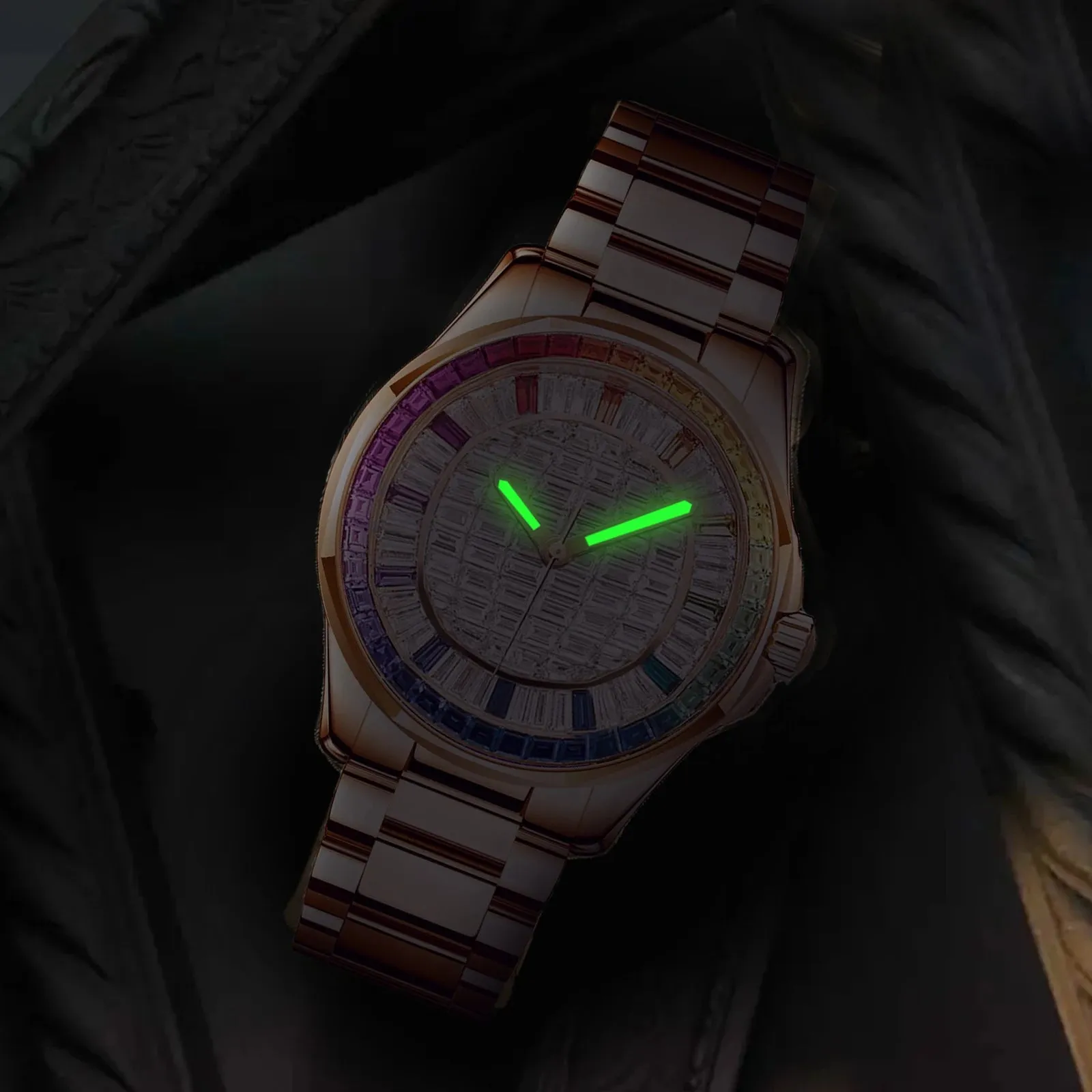Designer-Inspired Style Mechanical Watch with Colorful Square Diamonds