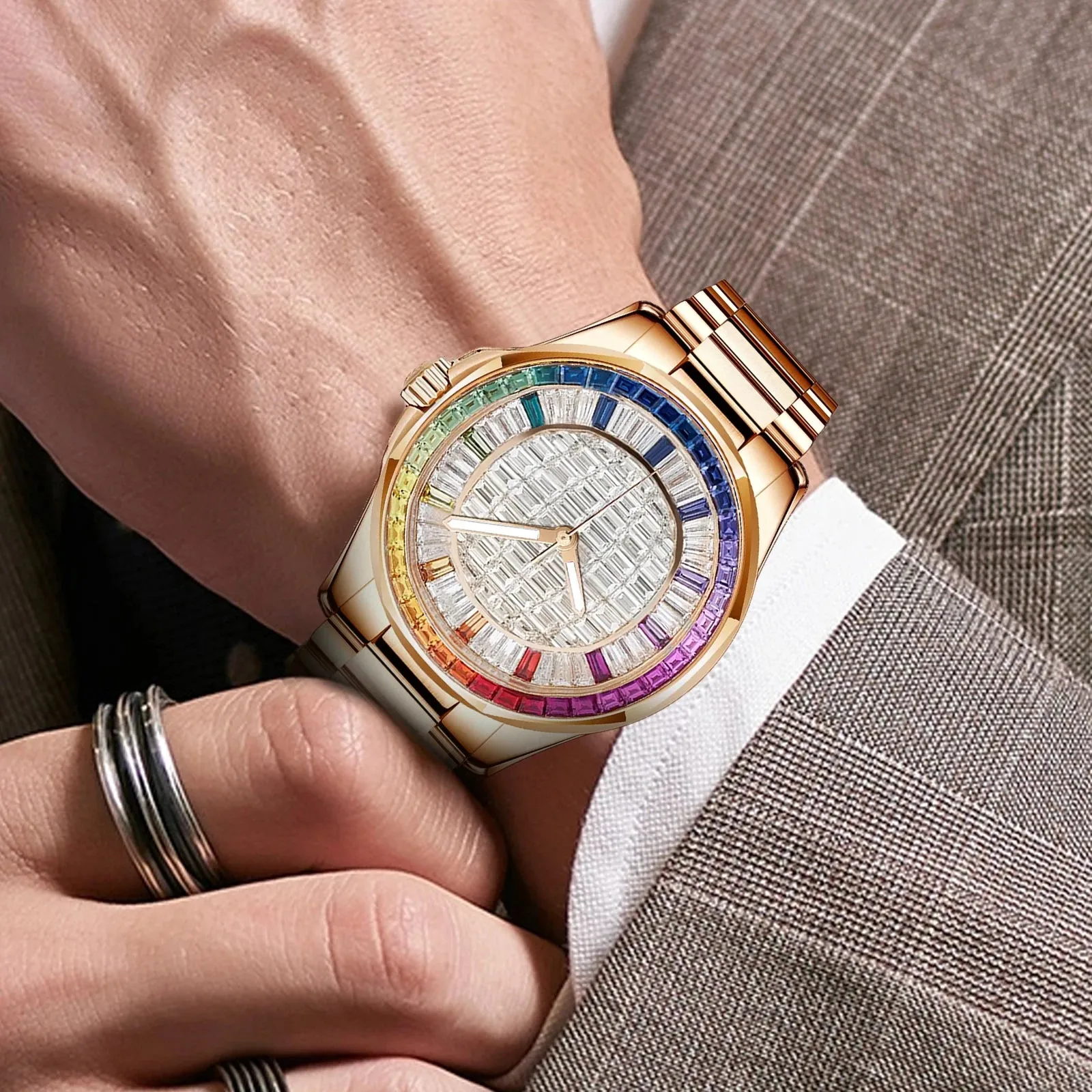 Designer-Inspired Style Mechanical Watch with Colorful Square Diamonds