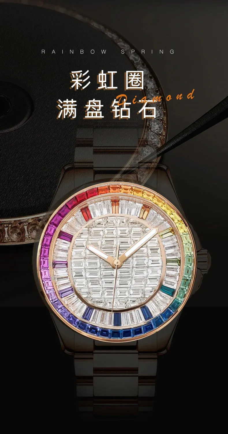 Designer-Inspired Style Mechanical Watch with Colorful Square Diamonds