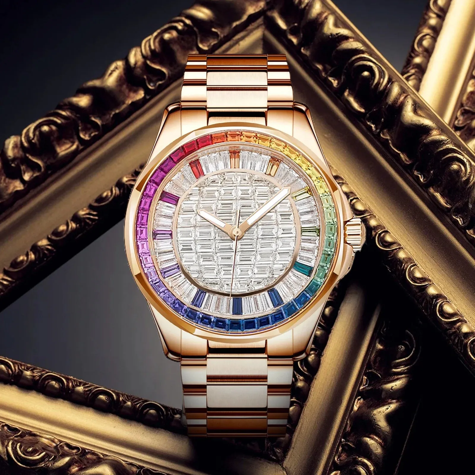Designer-Inspired Style Mechanical Watch with Colorful Square Diamonds