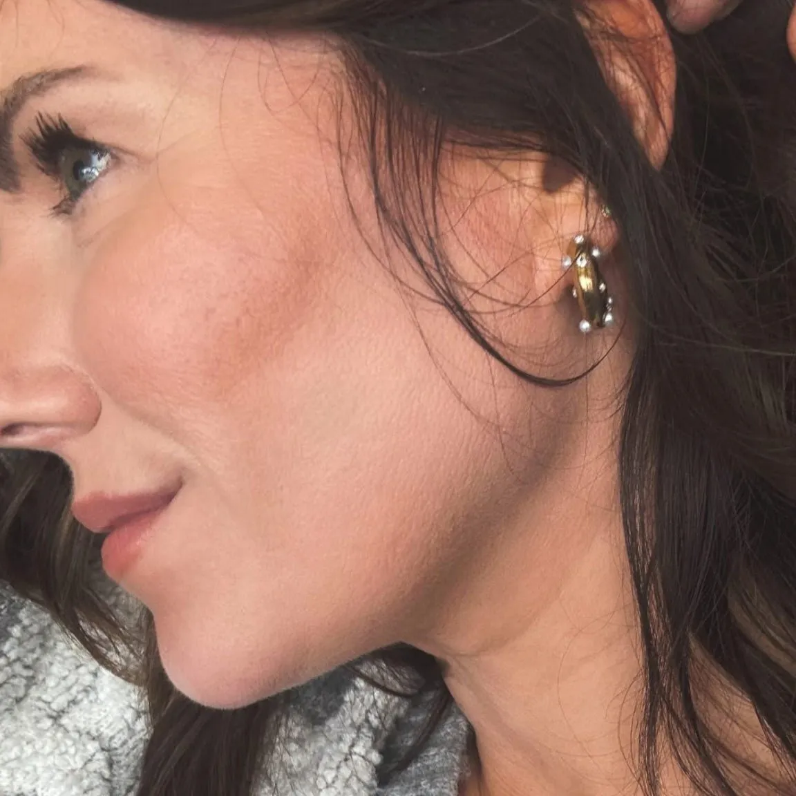 Diamond and Pearl Chunky Huggie Statement Earrings