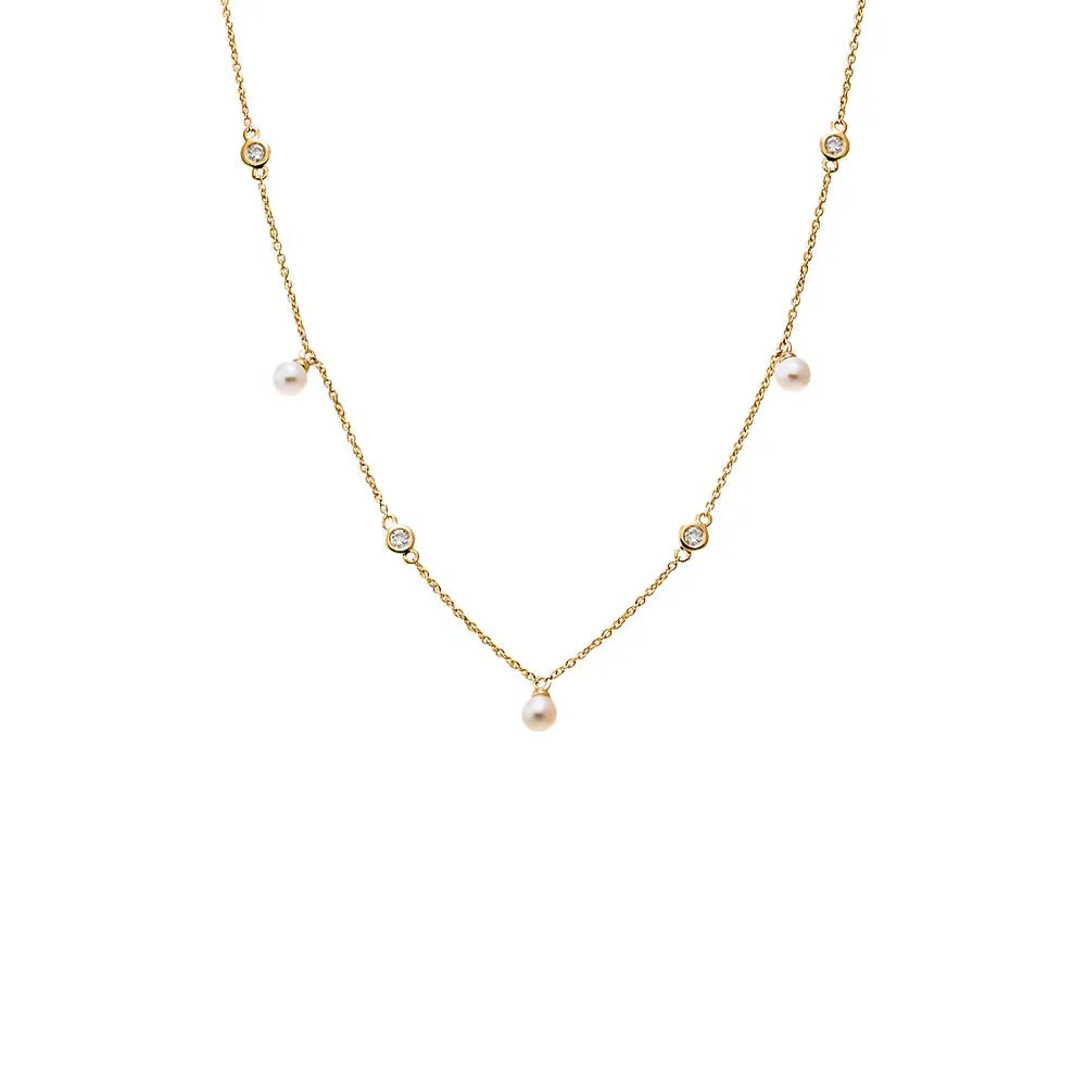 Diamond Bezel X Dangling Pearl Necklace 14K