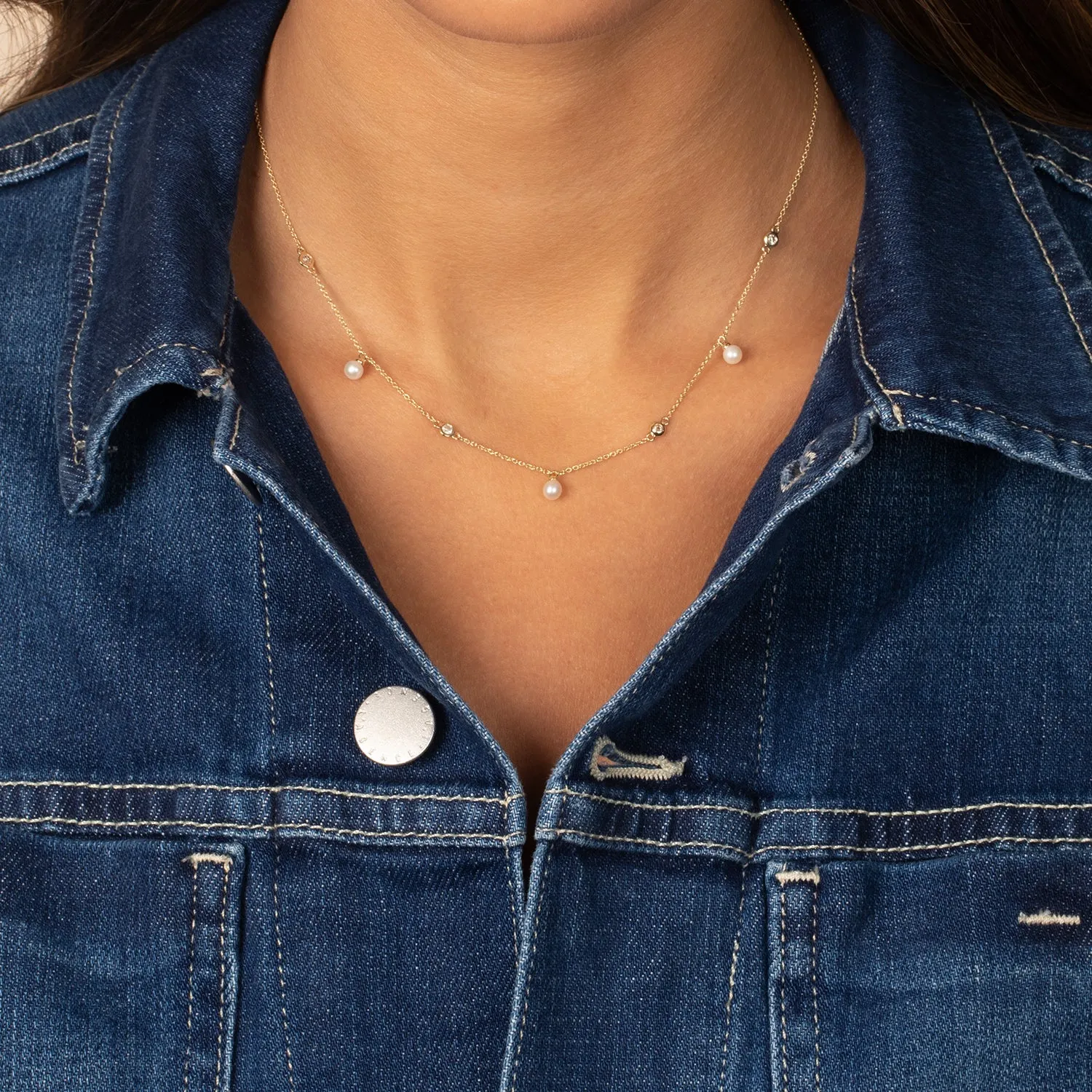 Diamond Bezel X Dangling Pearl Necklace 14K