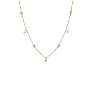 Diamond Bezel X Dangling Pearl Necklace 14K