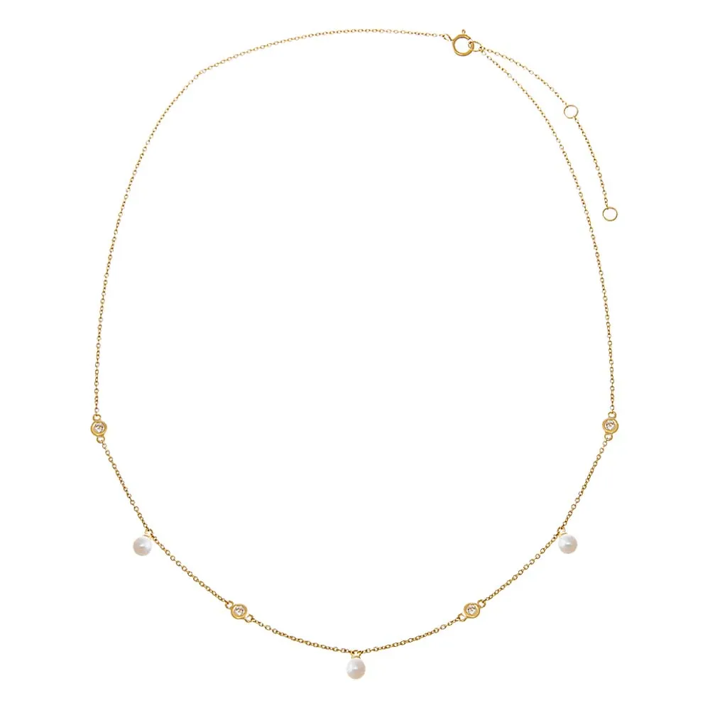 Diamond Bezel X Dangling Pearl Necklace 14K