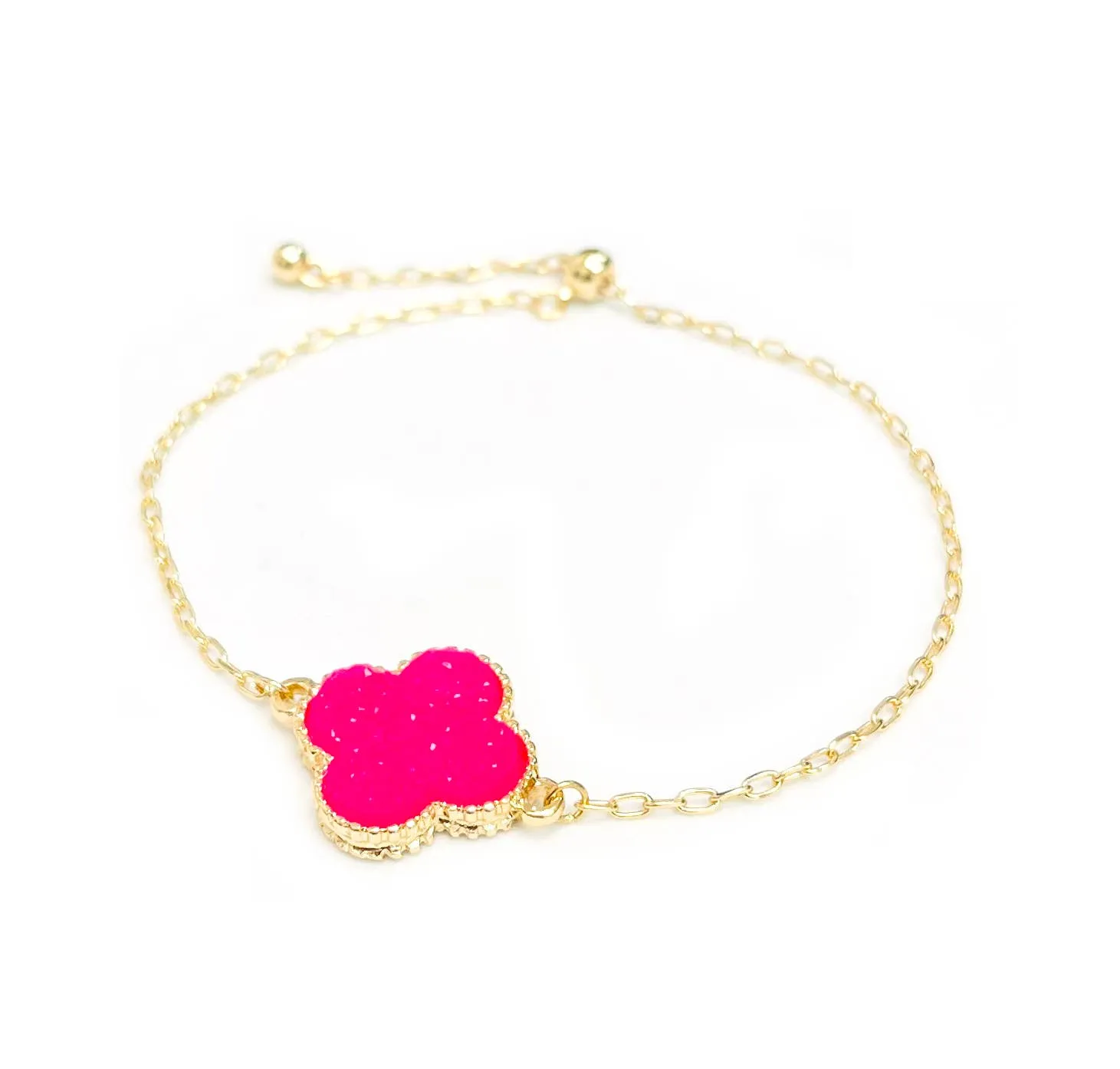 Druzy Clover Charm with Chain Pull Tie Bracelet