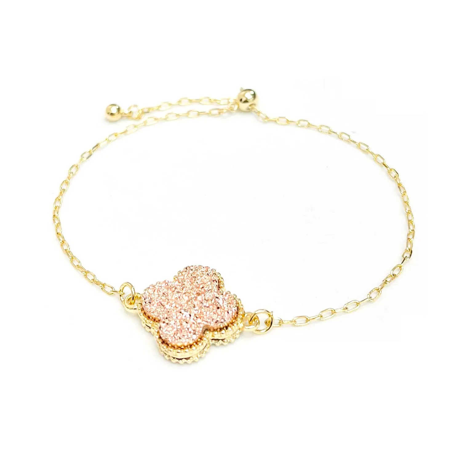 Druzy Clover Charm with Chain Pull Tie Bracelet