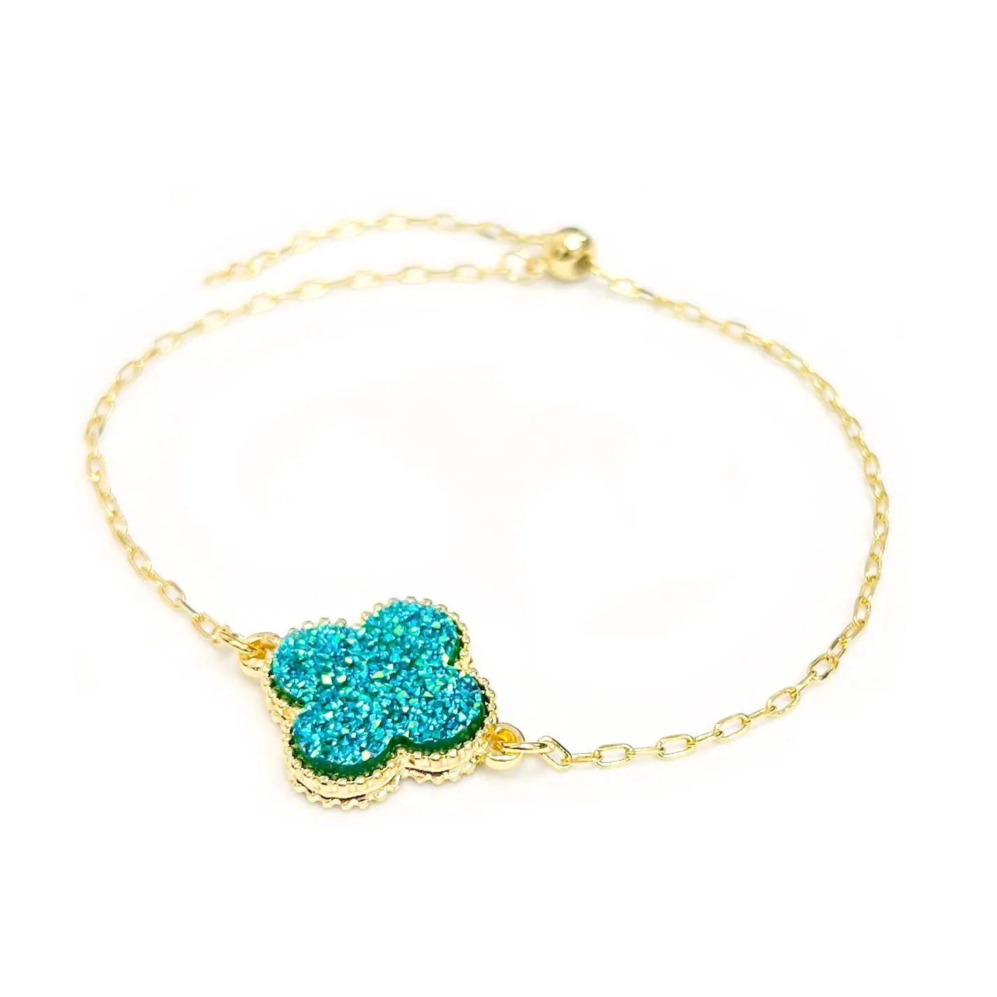 Druzy Clover Charm with Chain Pull Tie Bracelet