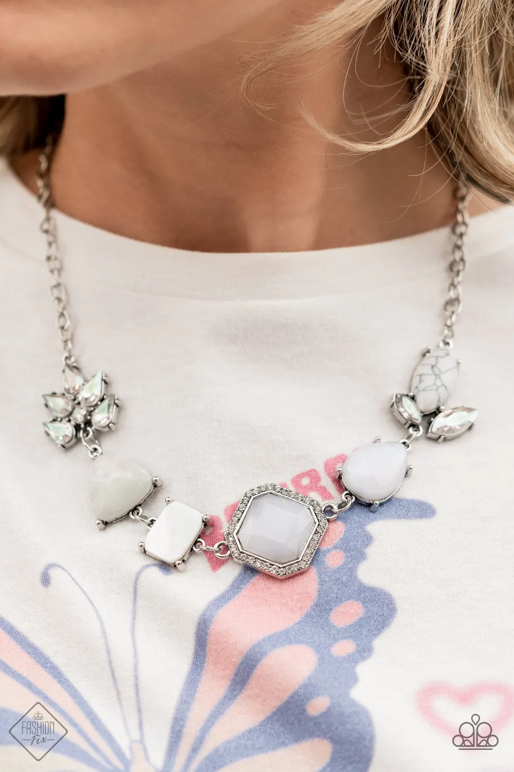 Eco Enchantment - White - Glittery Bead, Stone, and Rhinestone Paparazzi Short Necklace - June 2022 Sunset Sightings