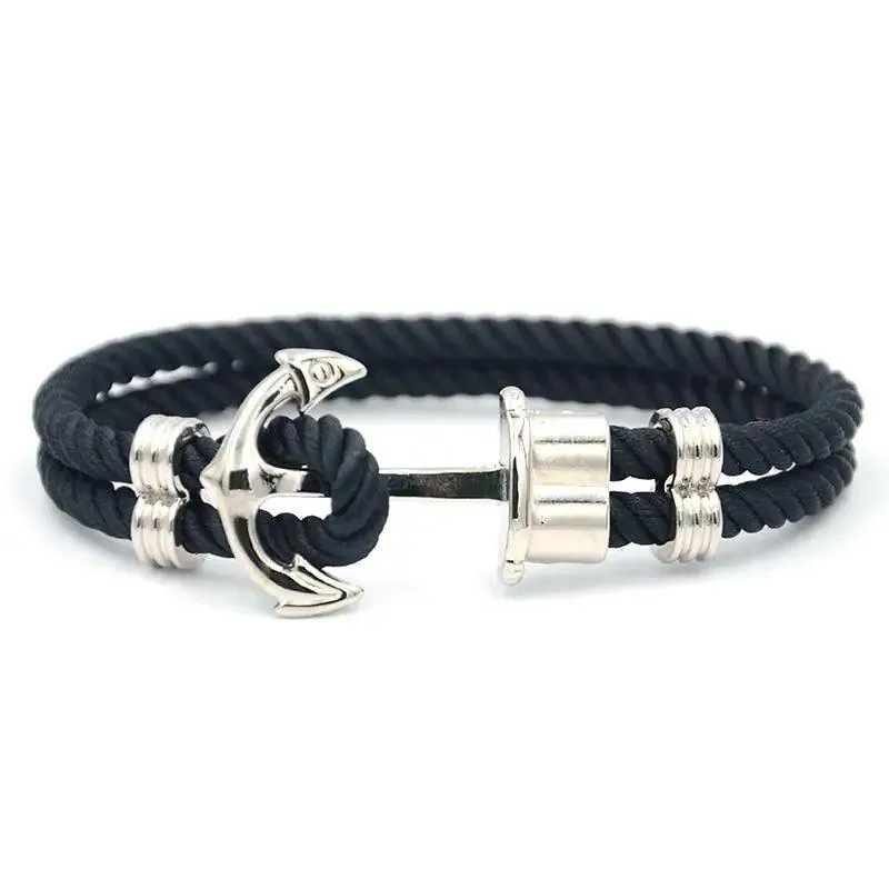 Elegant Modern Handmade Stainless Steel Men Anchor Bracelet made of Nylon in Navy Blue Color For Man