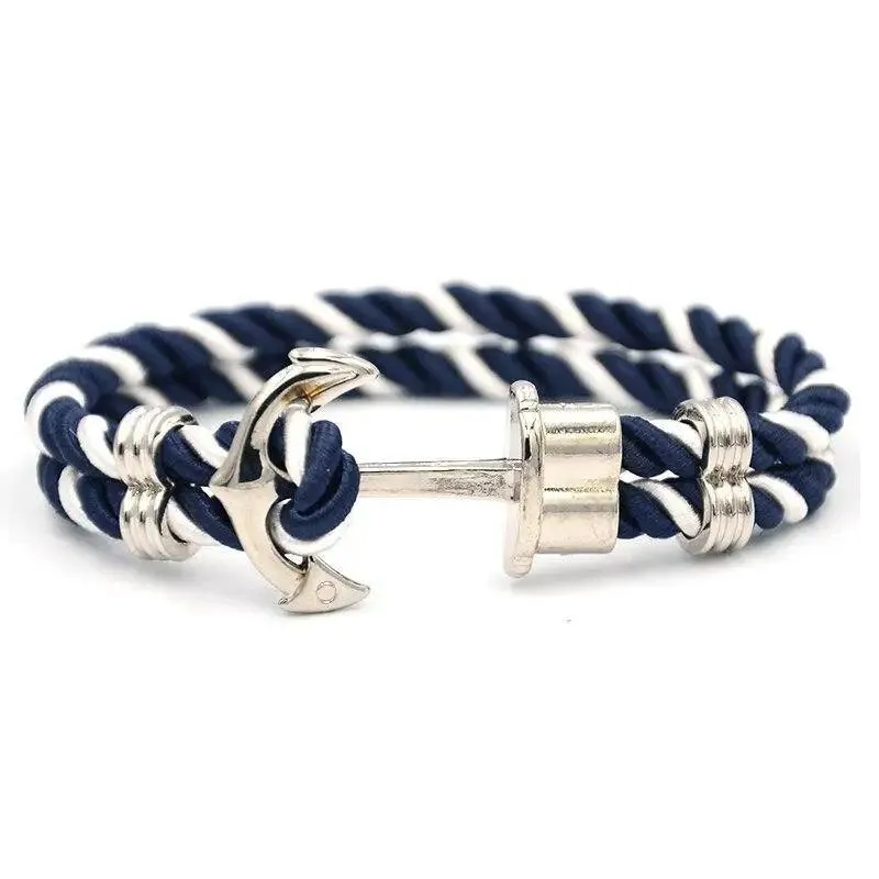 Elegant Modern Handmade Stainless Steel Men Anchor Bracelet made of Nylon in Navy Blue Color For Man