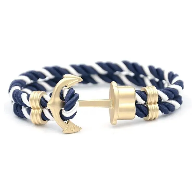 Elegant Modern Handmade Stainless Steel Men Anchor Bracelet made of Nylon in Navy Blue Color For Man