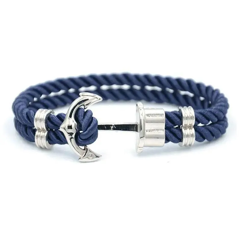Elegant Modern Handmade Stainless Steel Men Anchor Bracelet made of Nylon in Navy Blue Color For Man