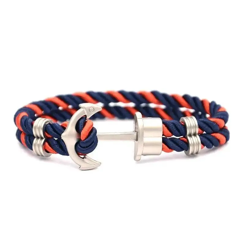 Elegant Modern Handmade Stainless Steel Men Anchor Bracelet made of Nylon in Navy Blue Color For Man