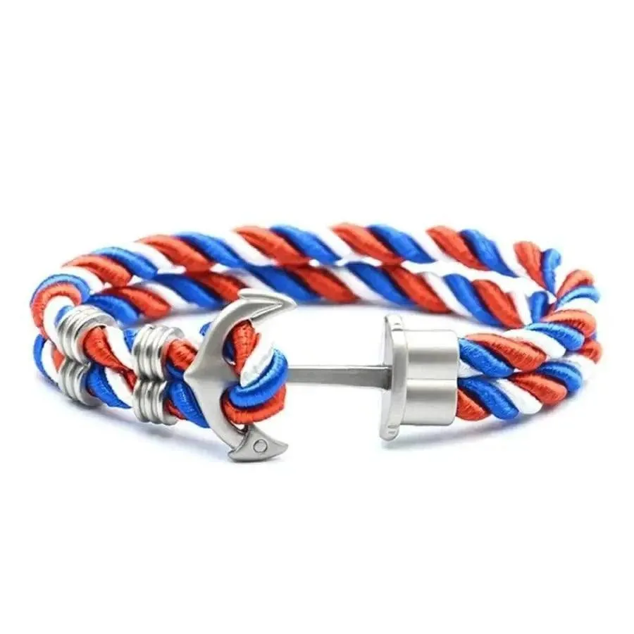 Elegant Modern Handmade Stainless Steel Men Anchor Bracelet made of Nylon in Navy Blue Color For Man