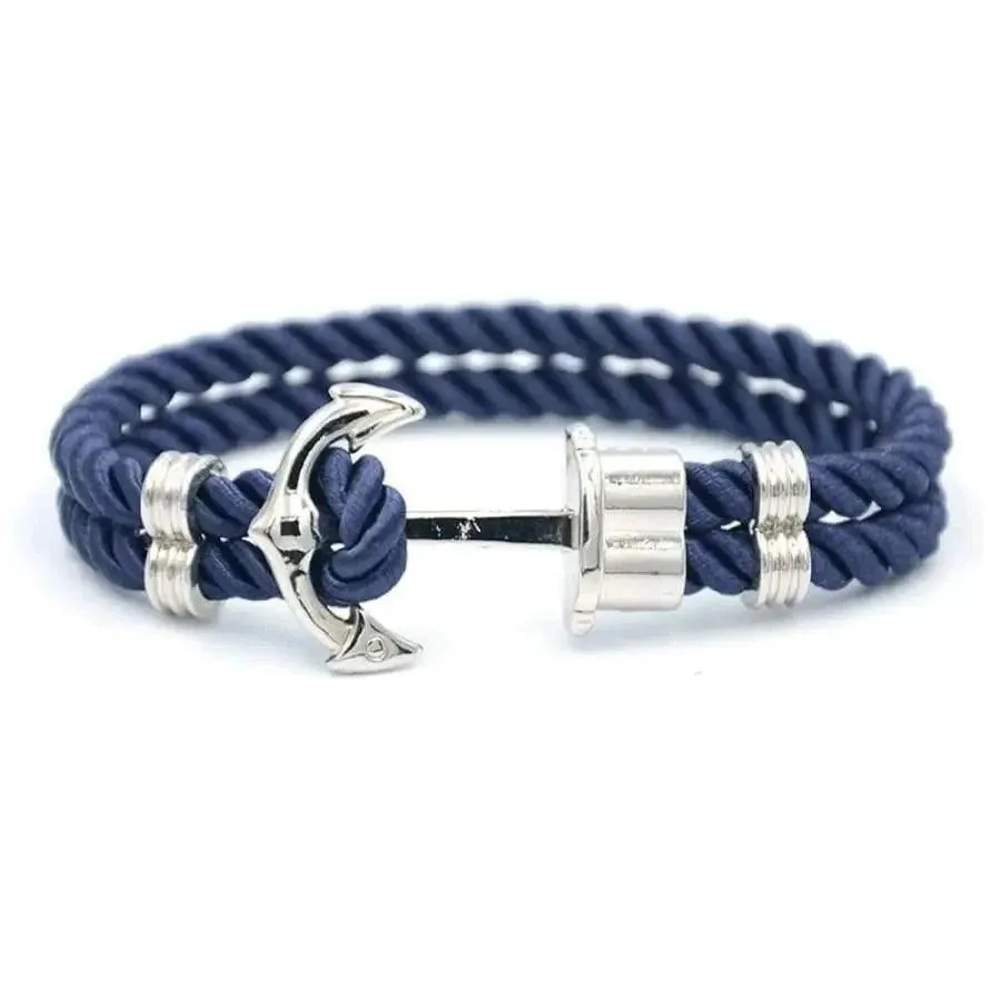 Elegant Modern Handmade Stainless Steel Men Anchor Bracelet made of Nylon in Navy Blue Color For Man