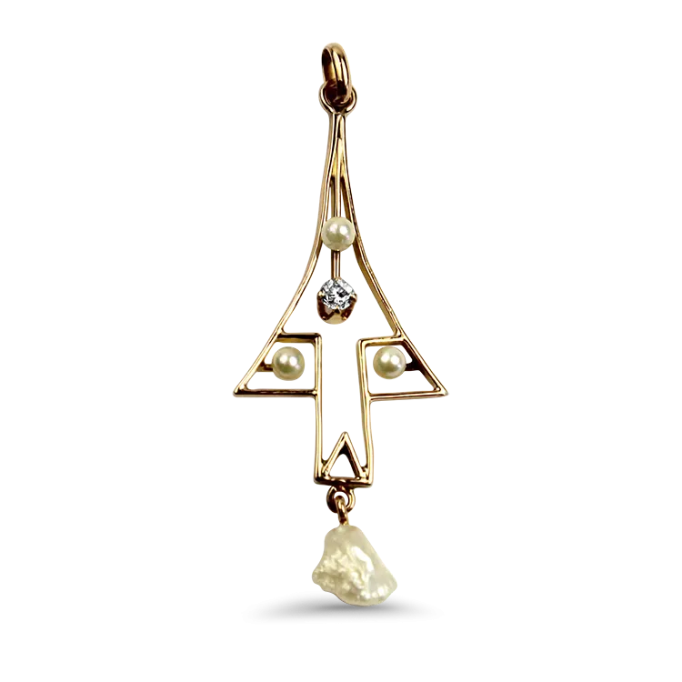 Estate 10K Rose Gold Pearl Arrow Pendant