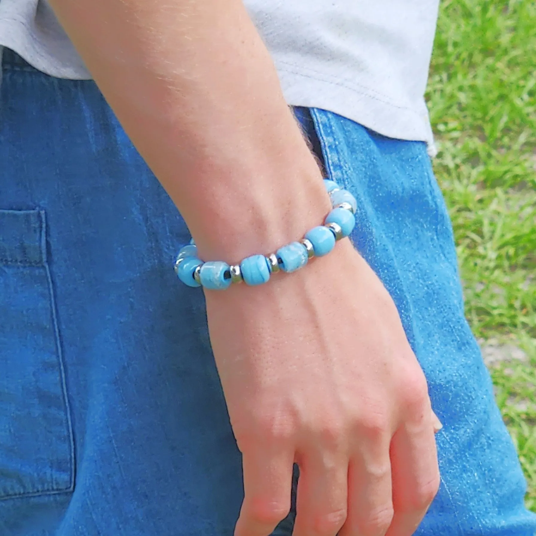 Eternal Cremation Bracelet With Glass Beads in Sky Blue