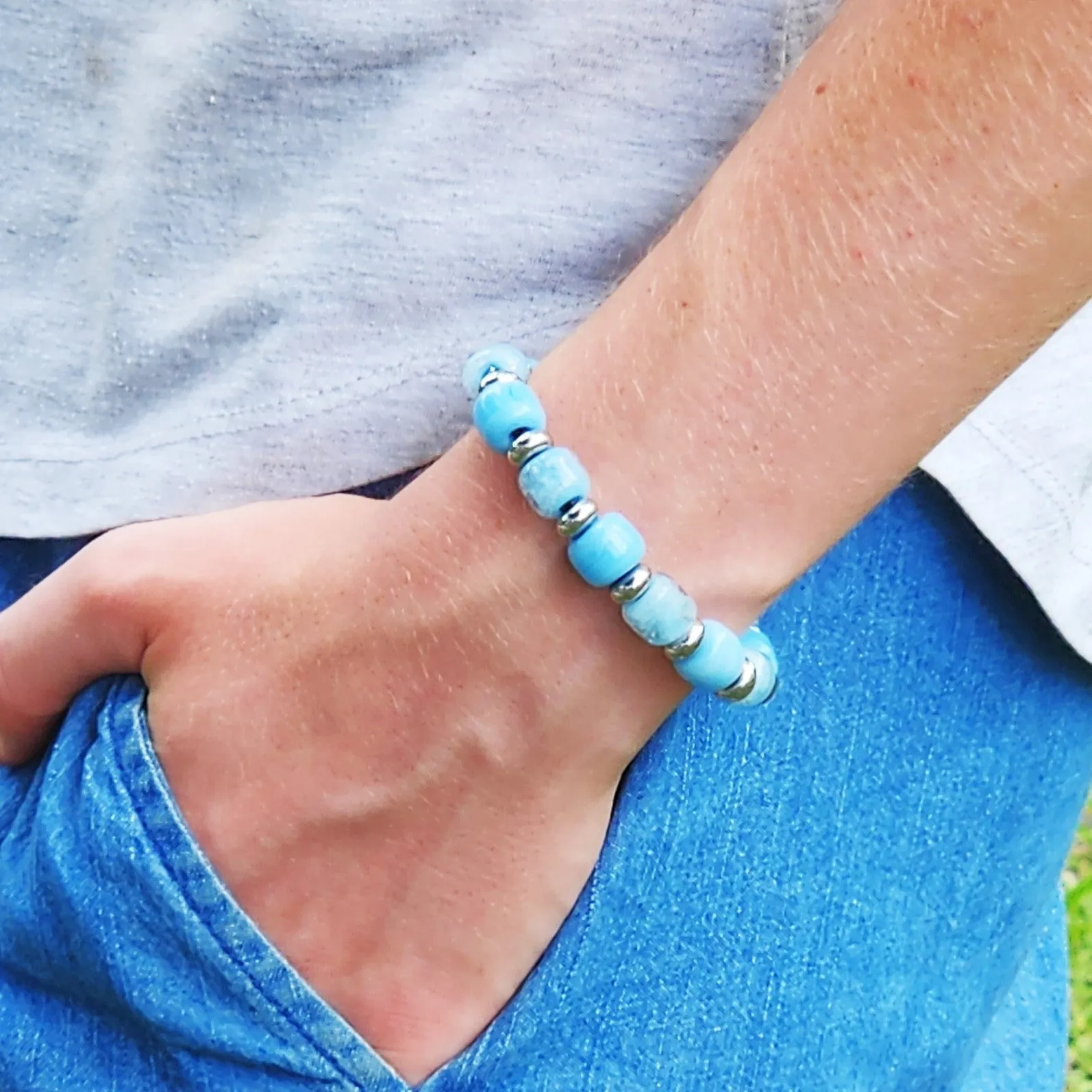 Eternal Cremation Bracelet With Glass Beads in Sky Blue