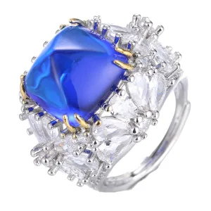 Excellent Blue Sapphire Sugar Loaf Cut Stone Statement Rings with Floral Band