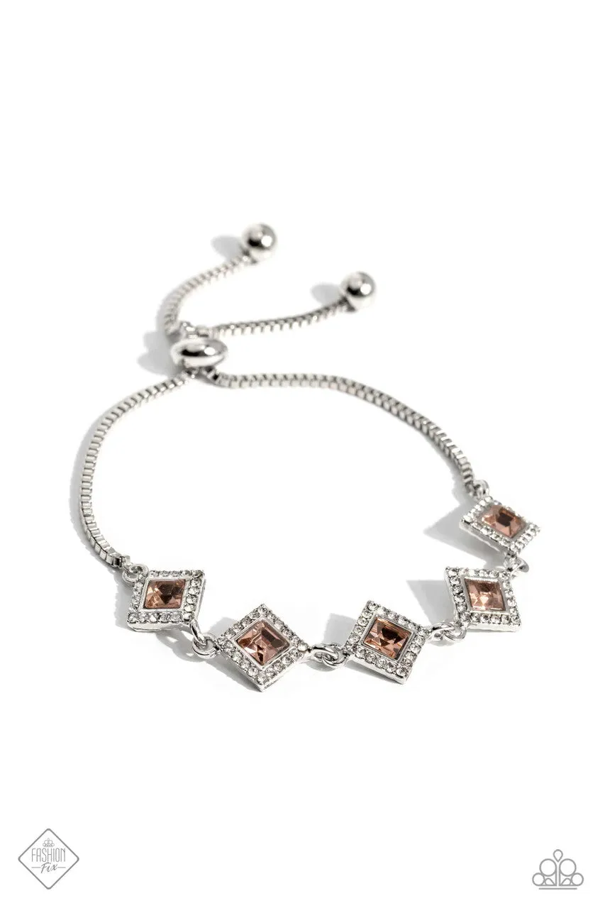 Exclusive Exhibit - Orange - Peach Square Cut Gem Paparazzi Bolo/Lariat Bracelet - May 2023 Fiercely 5th Avenue