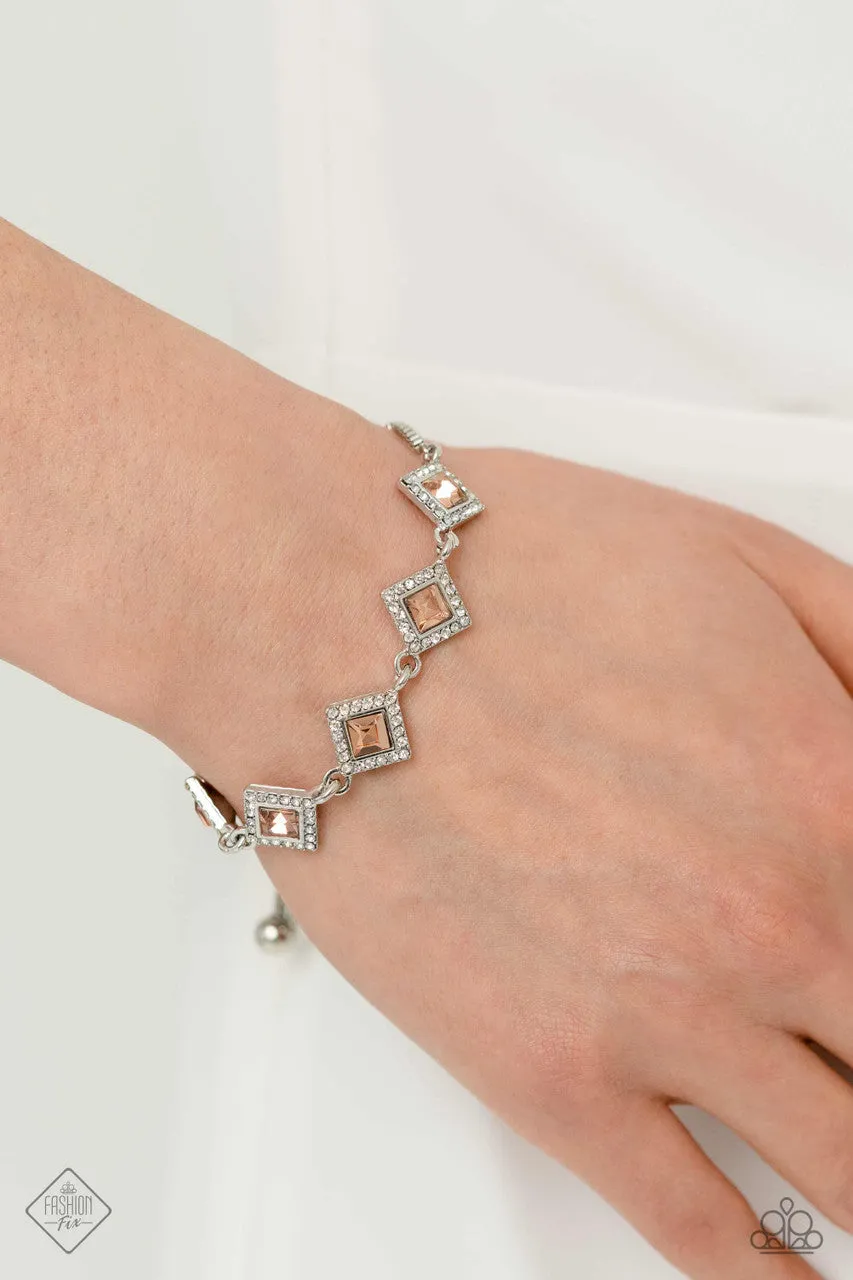 Exclusive Exhibit - Orange - Peach Square Cut Gem Paparazzi Bolo/Lariat Bracelet - May 2023 Fiercely 5th Avenue