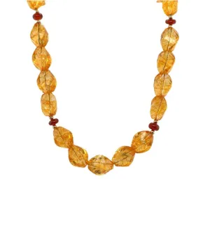 Faceted Citrine Nugget Beaded Necklace with Garnets and Yellow Gold