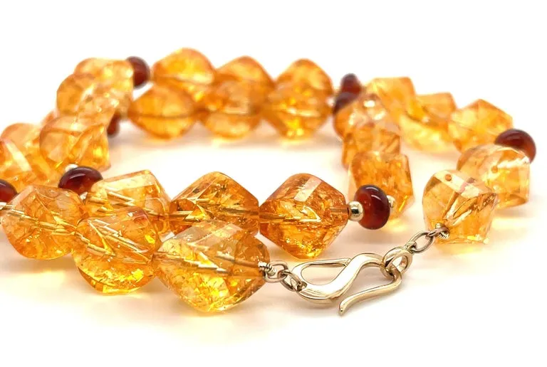 Faceted Citrine Nugget Beaded Necklace with Garnets and Yellow Gold