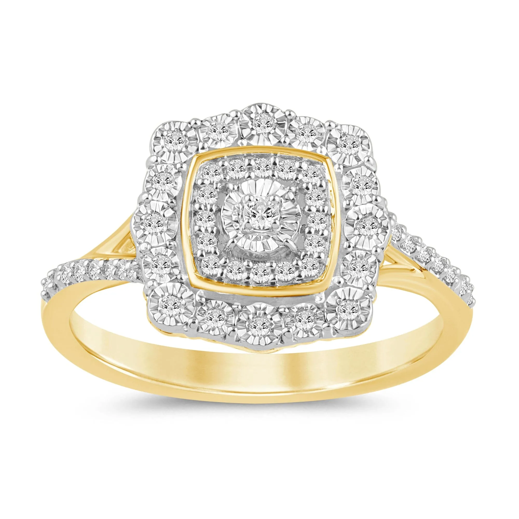 Fancy Miracle Halo Cushion Shaped Ring with Diamonds in 9ct Yellow Gold