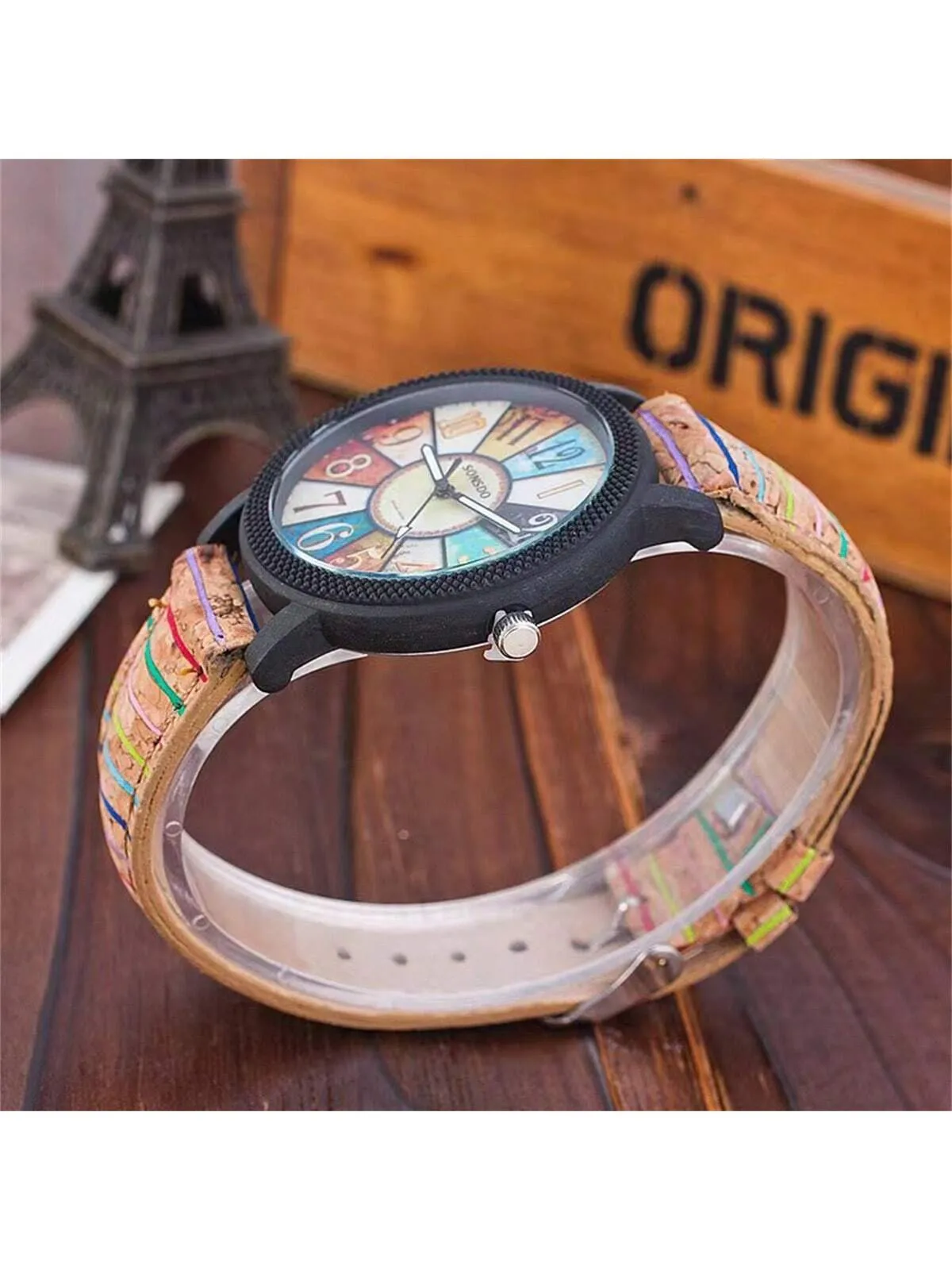 Fashionable Wood Design Ladies Watch With Rotating Dial, Vintage Striped Pattern Leather Watchstrap, Great Gift For Students