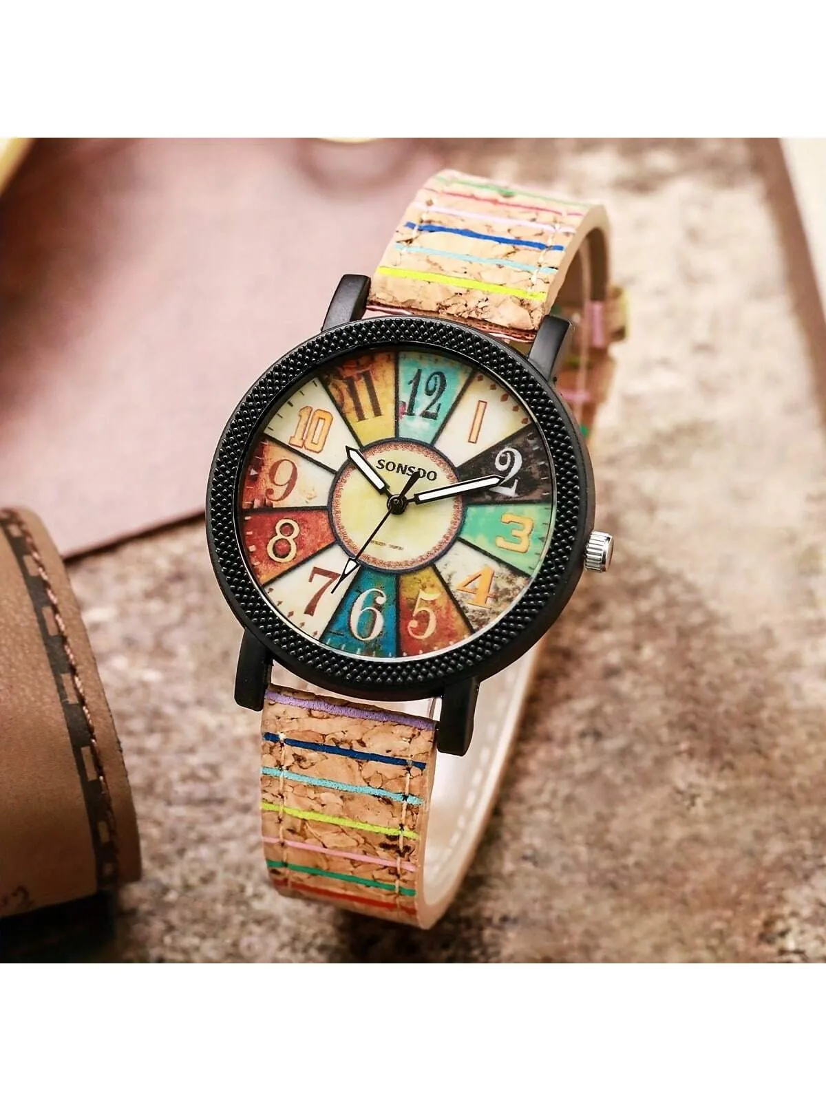 Fashionable Wood Design Ladies Watch With Rotating Dial, Vintage Striped Pattern Leather Watchstrap, Great Gift For Students