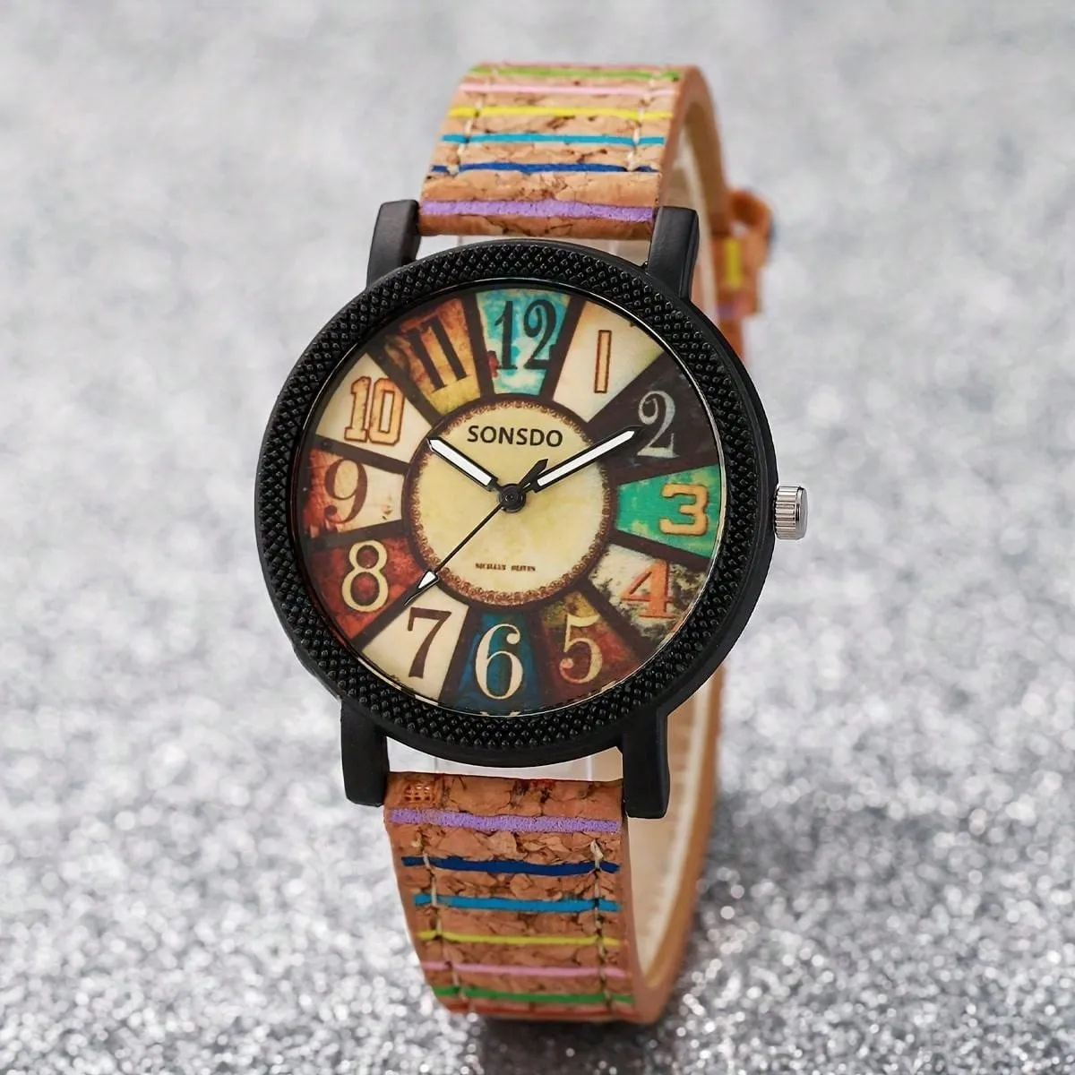 Fashionable Wood Design Ladies Watch With Rotating Dial, Vintage Striped Pattern Leather Watchstrap, Great Gift For Students
