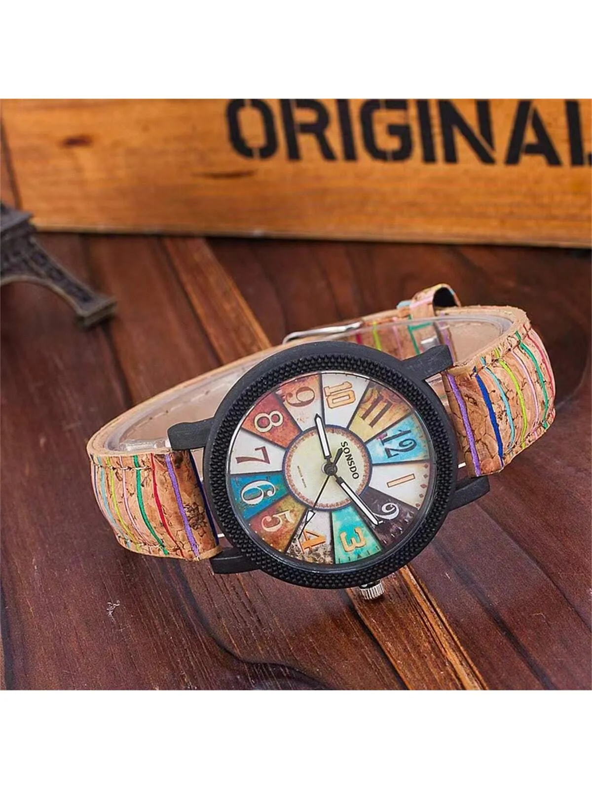 Fashionable Wood Design Ladies Watch With Rotating Dial, Vintage Striped Pattern Leather Watchstrap, Great Gift For Students