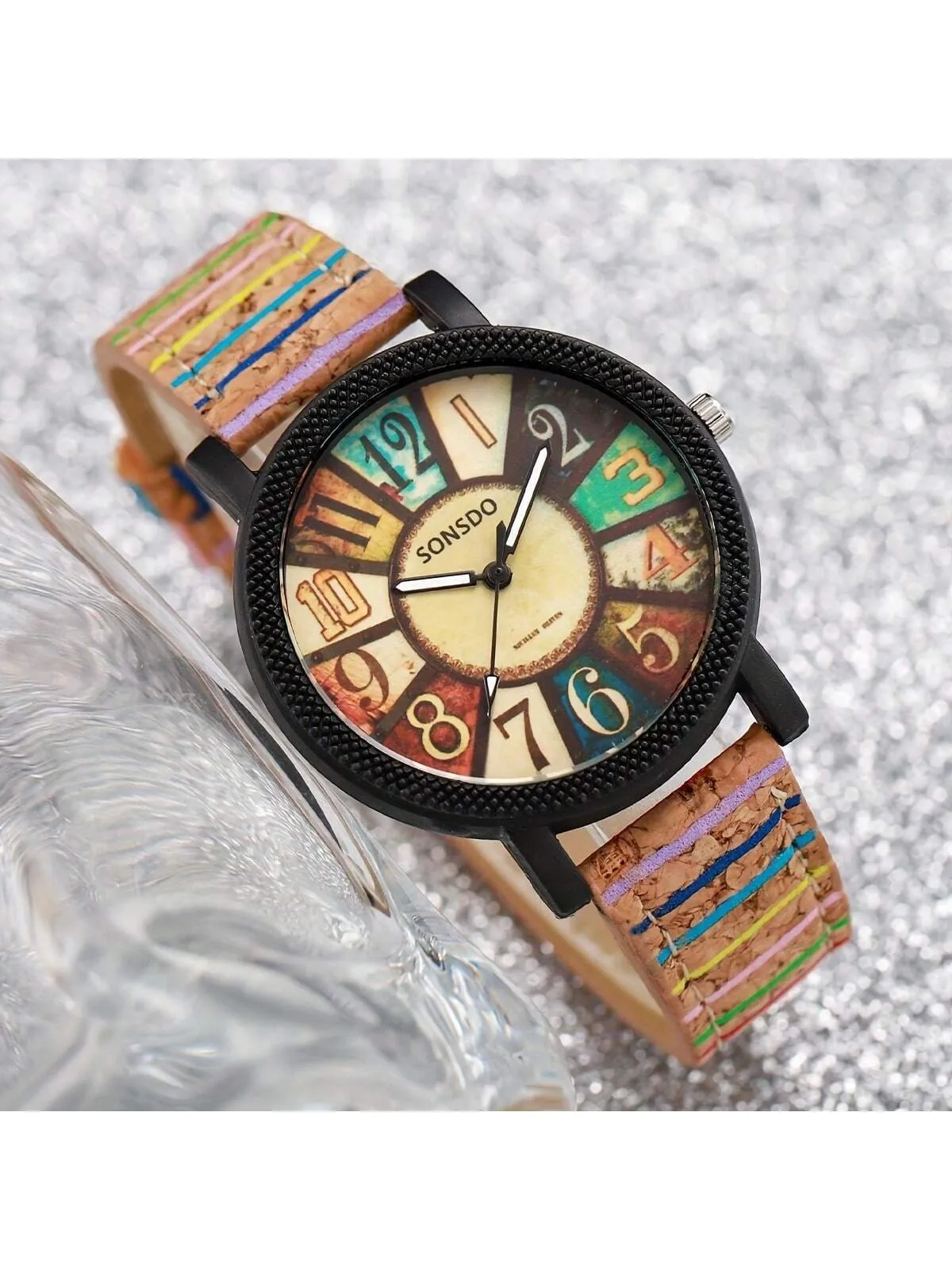 Fashionable Wood Design Ladies Watch With Rotating Dial, Vintage Striped Pattern Leather Watchstrap, Great Gift For Students