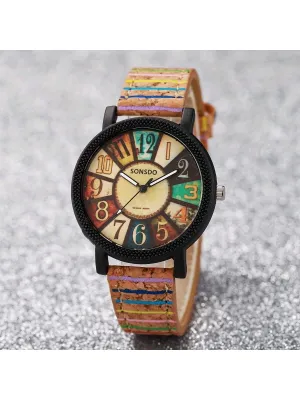 Fashionable Wood Design Ladies Watch With Rotating Dial, Vintage Striped Pattern Leather Watchstrap, Great Gift For Students