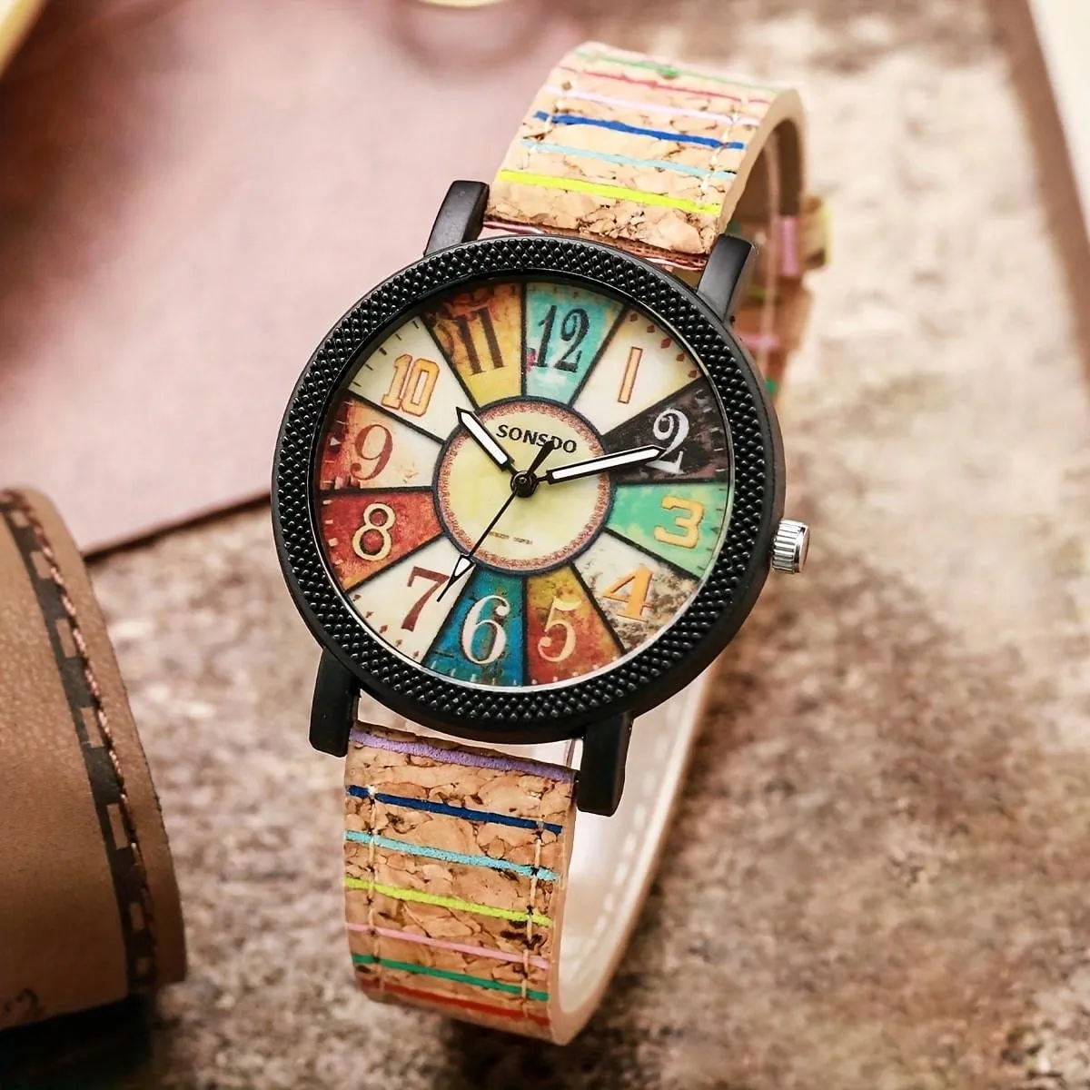 Fashionable Wood Design Ladies Watch With Rotating Dial, Vintage Striped Pattern Leather Watchstrap, Great Gift For Students