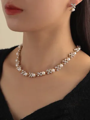 Faux Pearl & Rhinestone Decor Necklace & Earrings - Multicolor