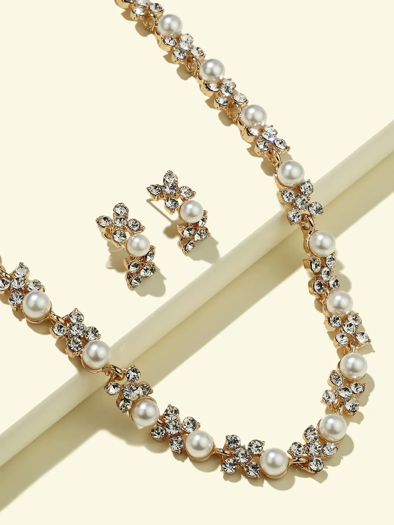 Faux Pearl & Rhinestone Decor Necklace & Earrings - Multicolor