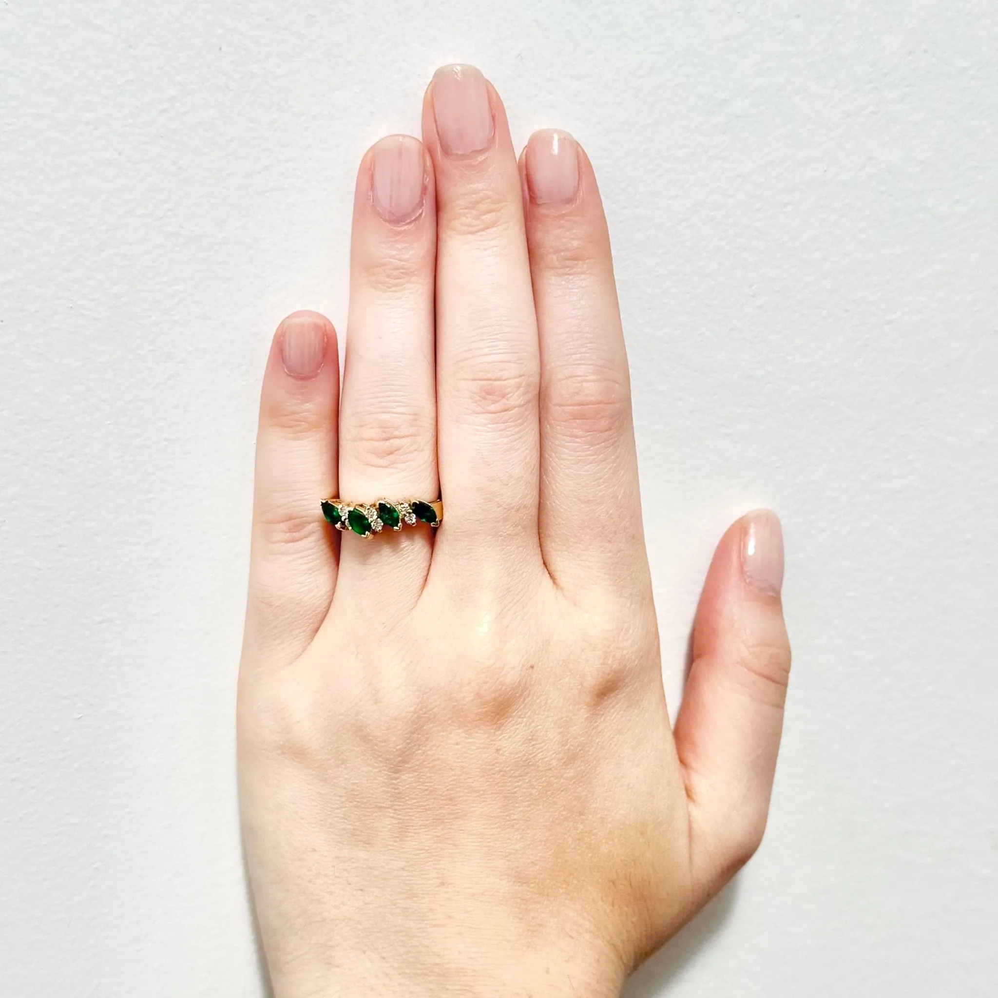 Fine Vintage 14 Karat Yellow Gold Diamond & Natural Emerald Band Ring