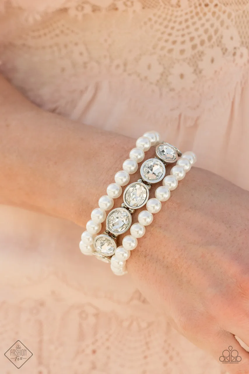 Flawlessly Flattering - White - Gem and Pearl Paparazzi Stretchy Bracelet - January 2021 Fiercely 5th Avenue